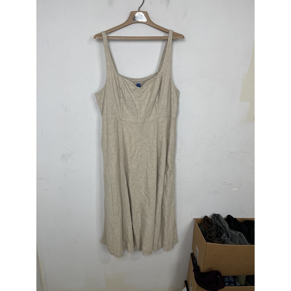 Old‎ Navy Womens XL Linen Blend Sleeveless Midi Dress Natural Tan Pockets